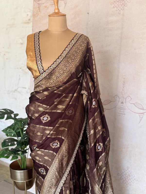 Royal Chocolate Brown Banarasi Silk Saree with Antique Gold Zari & Scalloped Border