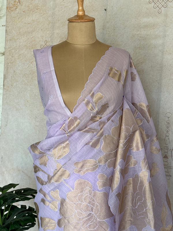 Kota silk Saree with Gold Floral Appliqué Border | Handcrafted Appliqué Work Saree