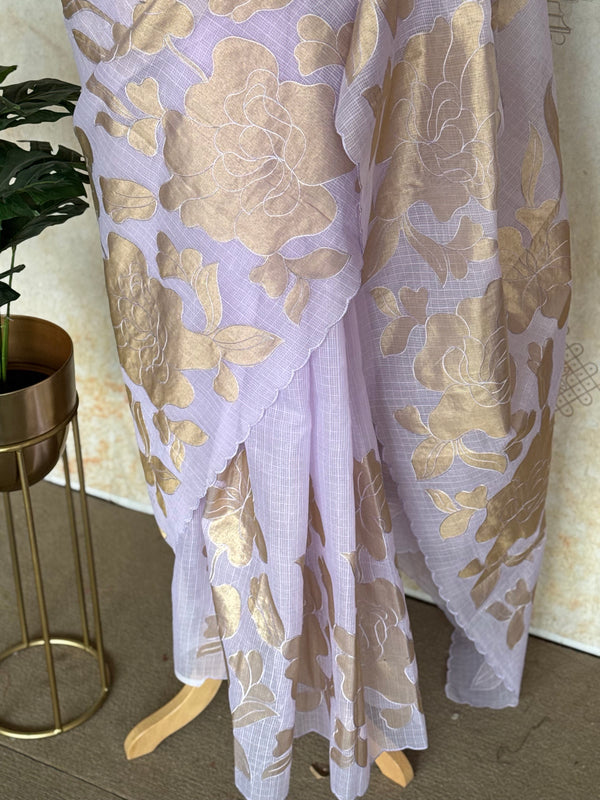 Kota silk Saree with Gold Floral Appliqué Border | Handcrafted Appliqué Work Saree
