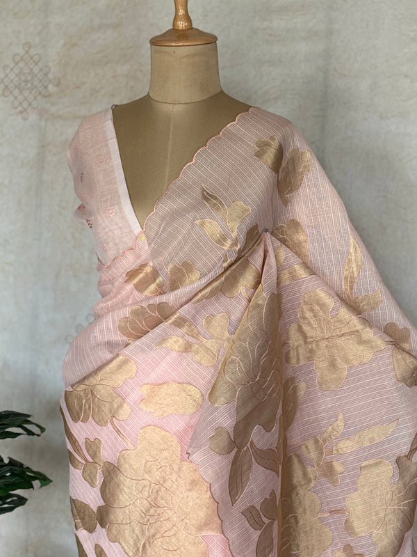 Kota silk Saree with Gold Floral Appliqué Border | Handcrafted Appliqué Work Saree