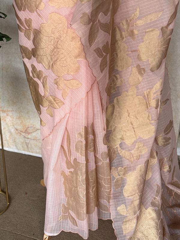 Kota silk Saree with Gold Floral Appliqué Border | Handcrafted Appliqué Work Saree