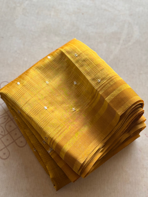 Mustard Jute Tussar Saree with Hand Embellishments & Minimal Border