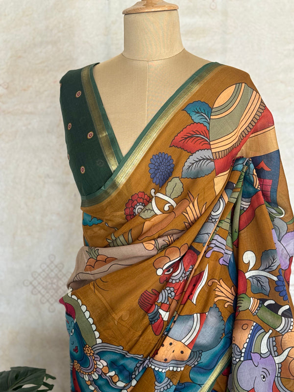 Pure Mul Cotton Pen Kalamkari Saree with Ramayana Print