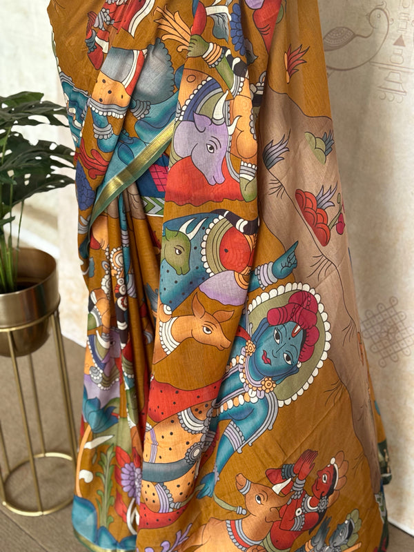 Pure Mul Cotton Pen Kalamkari Saree with Ramayana Print