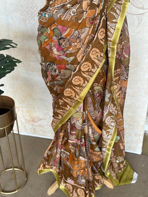 Pure Mul Cotton Pen Kalamkari Saree with Ramayana Print
