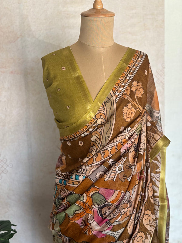 Pure Mul Cotton Pen Kalamkari Saree with Ramayana Print