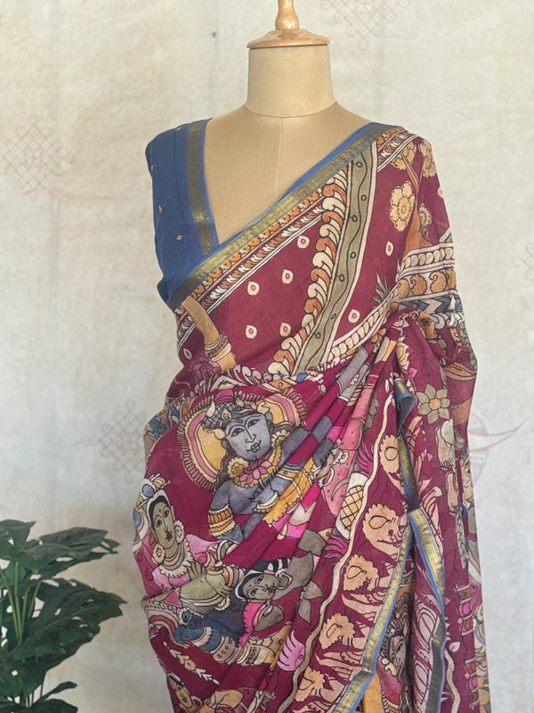 Pure Mul Cotton Mythological Kalamkari Saree – Deep Wine with Blue Border