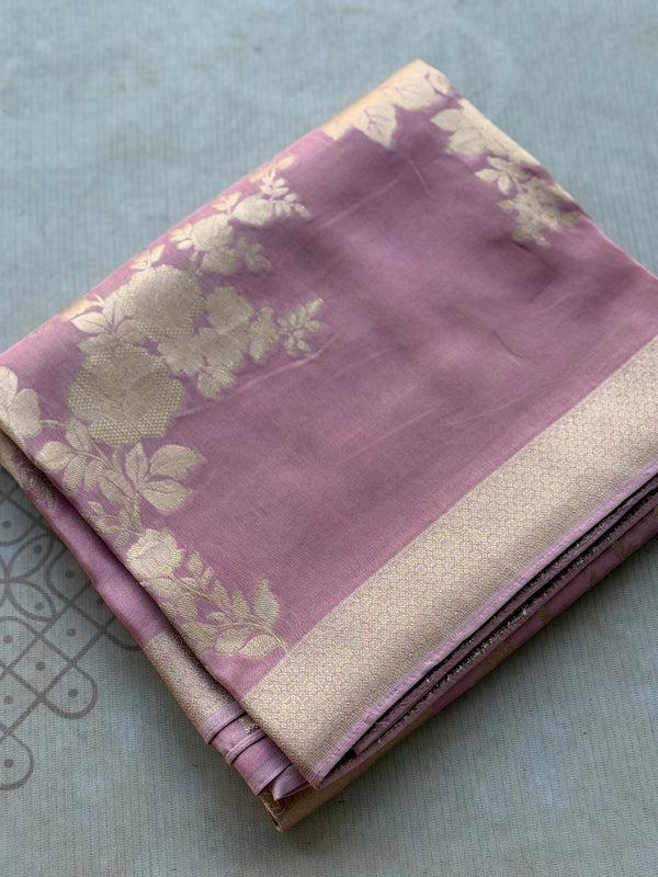Vintage Rose Crepe Satin Saree with Gold Jaal & Floral Weaving