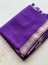 Royal Violet Crepe Satin Saree with Peacock Floral Buttas & Grand Zari Pallu