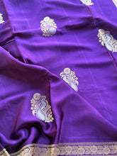 Royal Violet Crepe Satin Saree with Peacock Floral Buttas & Grand Zari Pallu