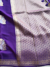 Royal Violet Crepe Satin Saree with Peacock Floral Buttas & Grand Zari Pallu