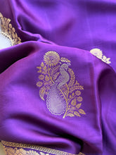 Royal Violet Crepe Satin Saree with Peacock Floral Buttas & Grand Zari Pallu