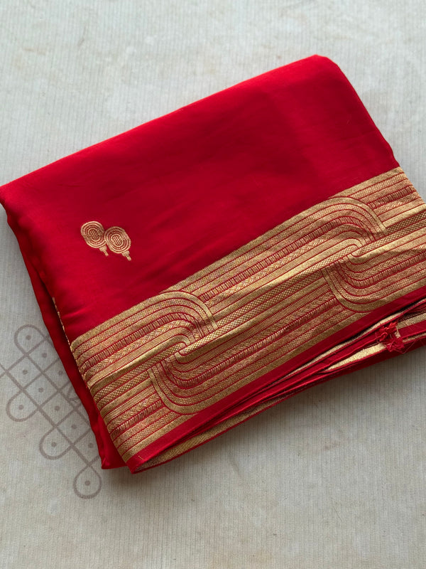 crepe satin saree, red satin saree, ruby red saree, zari butta saree