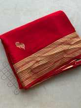 crepe satin saree, red satin saree, ruby red saree, zari butta saree