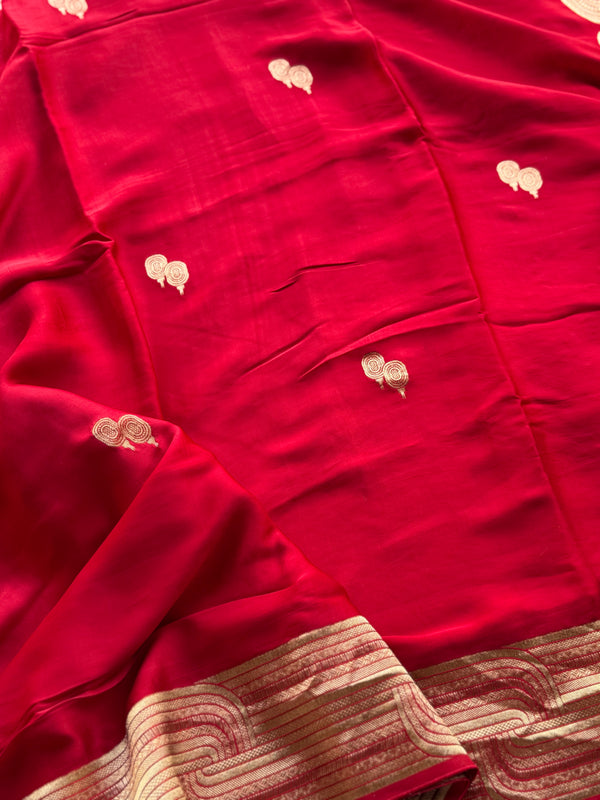 Ruby Red Crepe Satin Saree with Zari Buttas & Geometric Border
