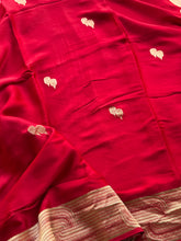 Ruby Red Crepe Satin Saree with Zari Buttas & Geometric Border