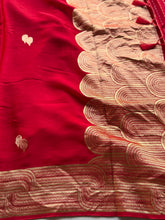 Ruby Red Crepe Satin Saree with Zari Buttas & Geometric Border