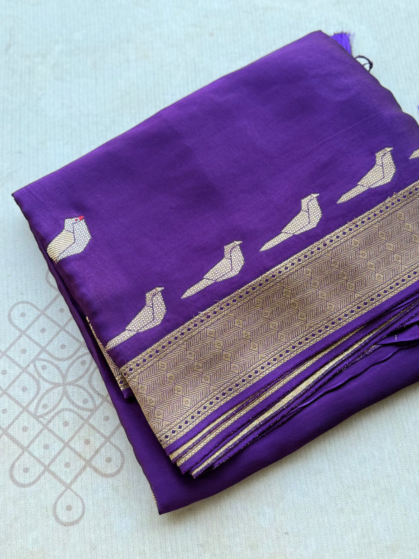 Royal Purple Crepe Satin Saree with Antique Gold Bird Motifs