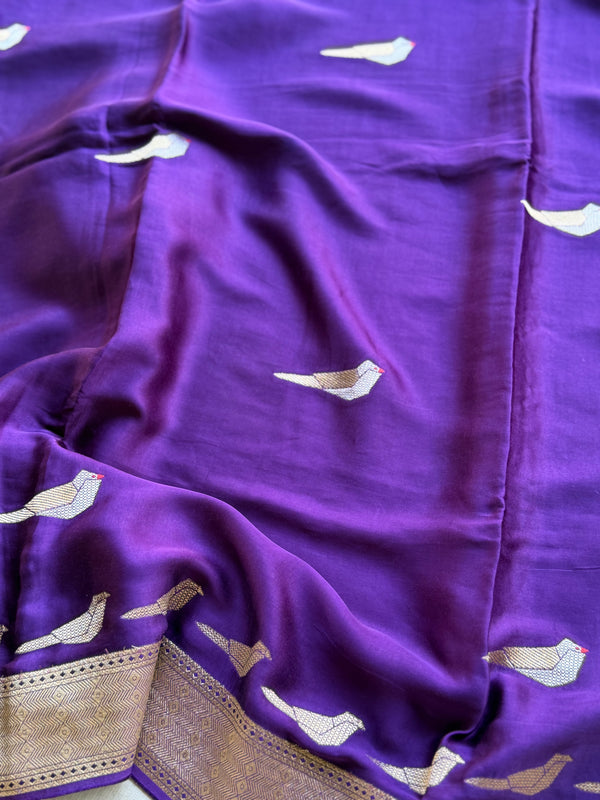 Royal Purple Crepe Satin Saree with Antique Gold Bird Motifs