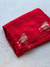 Vermilion Red Crepe Satin Saree with Gold Zari Bird Motifs