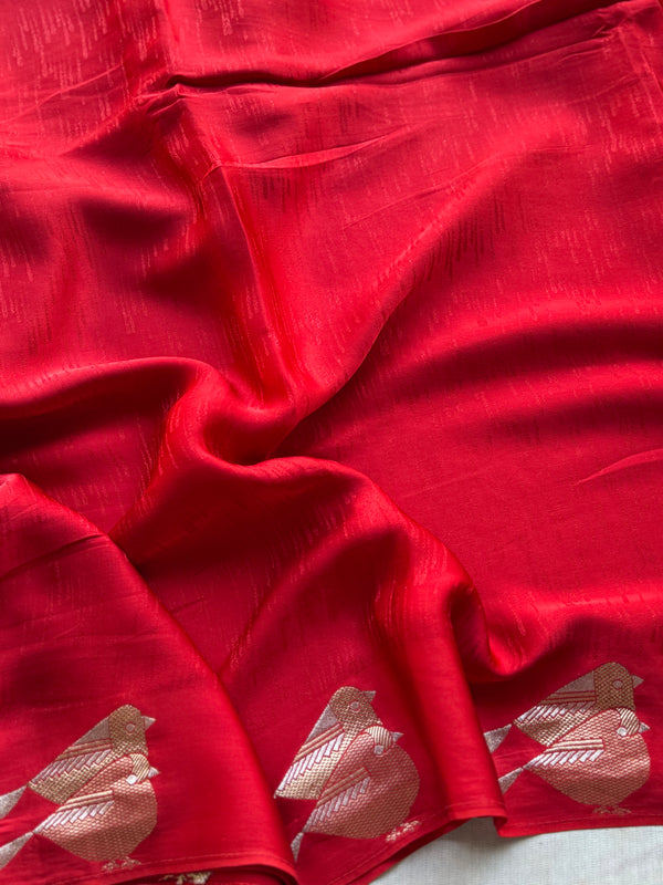 Vermilion Red Crepe Satin Saree with Gold Zari Bird Motifs