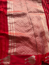 Vermilion Red Crepe Satin Saree with Gold Zari Bird Motifs