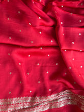 Vermilion Red Crepe Satin Saree with Gold Zari Bird Motifs