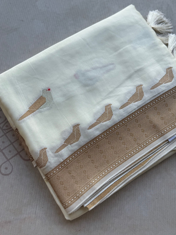 Ivory Crepe Satin Saree with Antique Gold Bird Motif