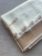 Ivory Crepe Satin Saree with Antique Gold Bird Motif