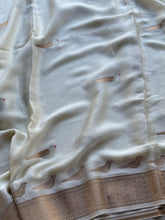 Ivory Crepe Satin Saree with Antique Gold Bird Motif
