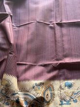 Tussar Silk Saree with Kalamkari Peacock & Ramar Pattabhishekam Pallu | Contrast Kalamkari Blouse