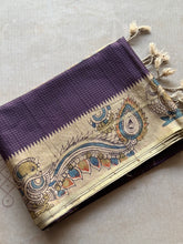 Tussar Silk Saree with Kalamkari Peacock & Ramar Pattabhishekam Pallu | Contrast Kalamkari Blouse