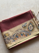 Tussar Silk Saree with Kalamkari Peacock & Ramar Pattabhishekam Pallu | Contrast Kalamkari Blouse