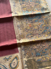 Tussar Silk Saree with Kalamkari Peacock & Ramar Pattabhishekam Pallu | Contrast Kalamkari Blouse