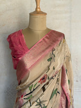 Satin Modal Floral Digital Print Saree with Pink Zari Border