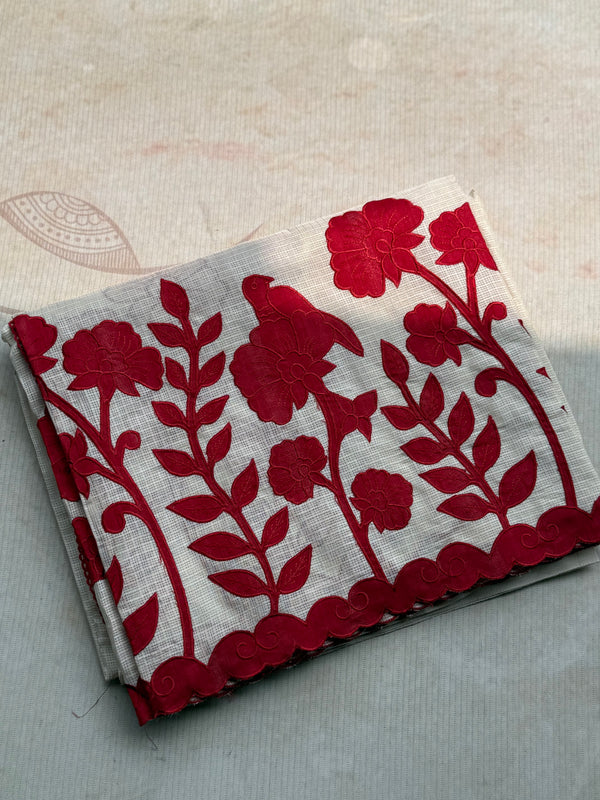 Cotton Kota Saree with Crimson Floral Appliqué Border | Handcrafted Appliqué Work Saree