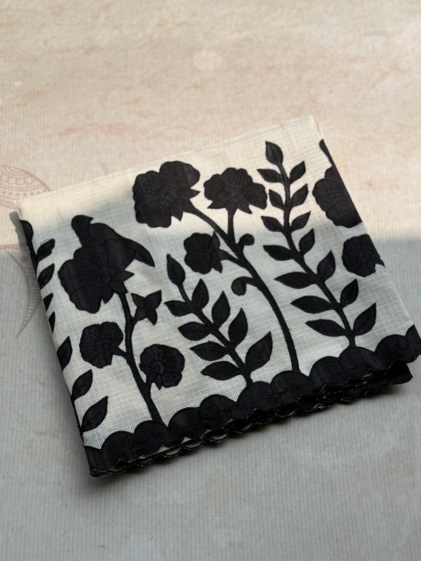 Cotton Kota Saree with Black Floral Appliqué Border | Handcrafted Appliqué Work Saree