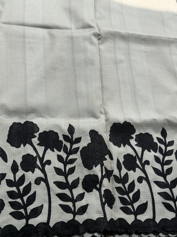 Cotton Kota Saree with Black Floral Appliqué Border | Handcrafted Appliqué Work Saree