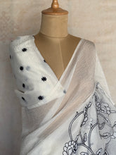 White Crushed Organza Saree with Black Floral Appliqué Work