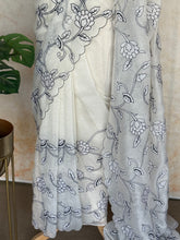 White Crushed Organza Saree with Black Floral Appliqué Work