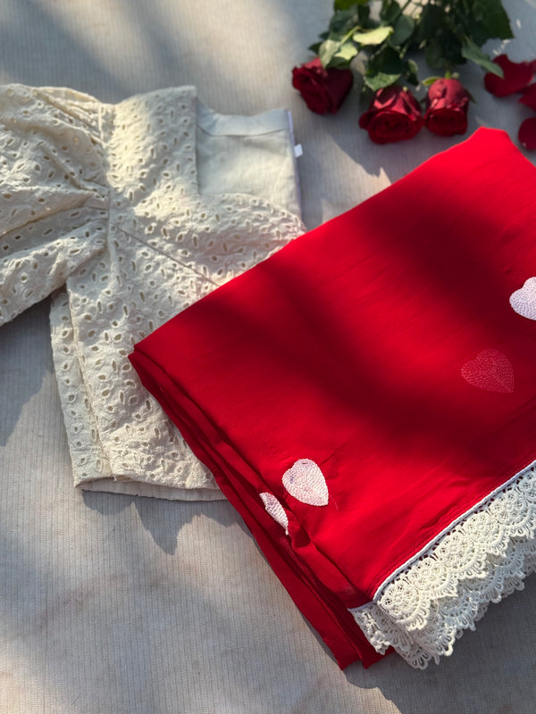 Heartly – Red with Hakoba Lace Saree | Elegant Semi-Georgette Saree
