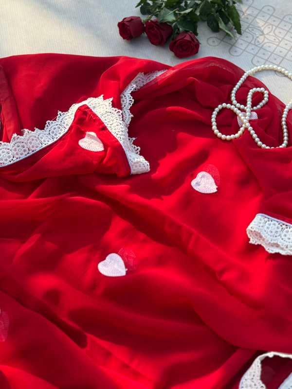Heartly – Red with Hakoba Lace Saree | Elegant Semi-Georgette Saree