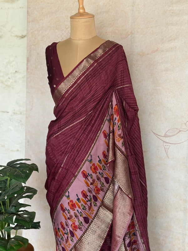 Crepe Silk Saree with Digital Print & Zari Woven Border