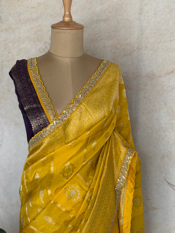 Mustard Yellow Banarasi Silk Saree with Silver Zari Buttas & Contrast Blouse