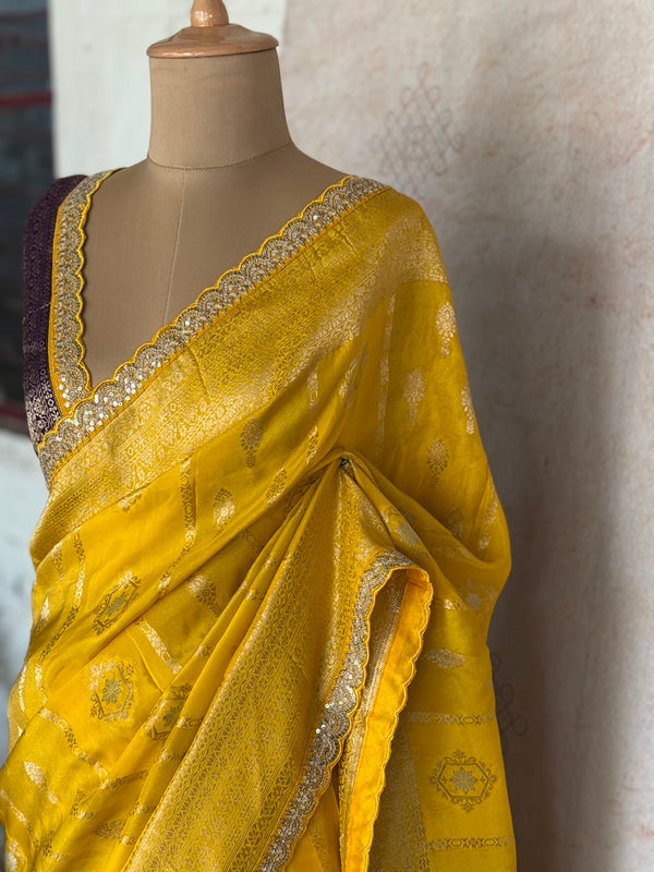 Mustard Yellow Banarasi Silk Saree with Silver Zari Buttas & Contrast Blouse
