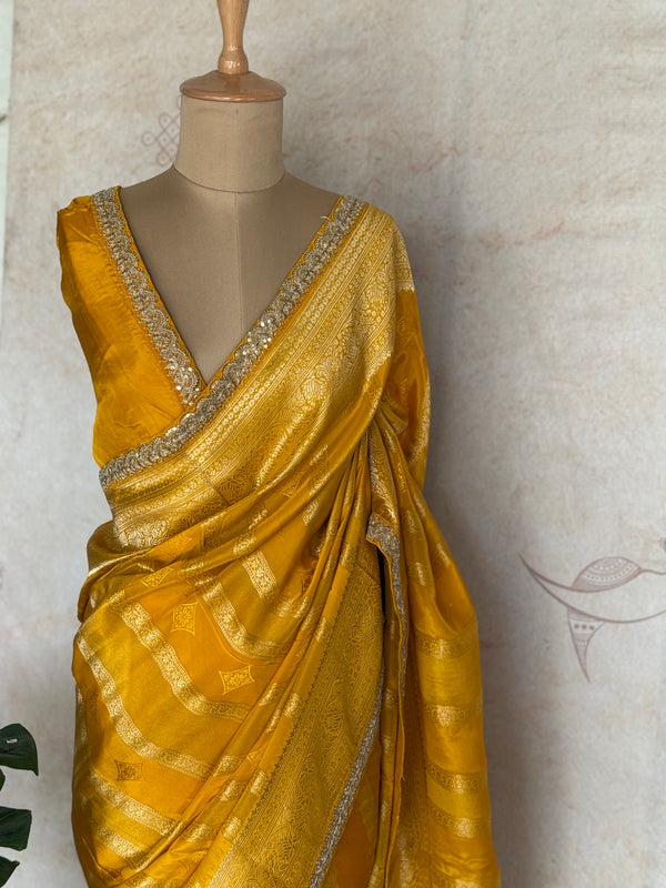 Mustard Yellow Banarasi Silk Saree with Rich Gold Zari & Embellished Scallop Border