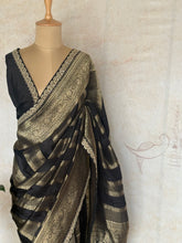 Classic Black Banarasi Silk Saree with Antique Gold Zari & Embellished Border