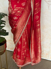 Royal Red Banarasi Silk Saree with Antique Gold Zari & Embellished Scallop Border