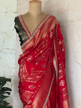 Royal Red Banarasi Silk Saree with Antique Gold Zari & Embellished Scallop Border