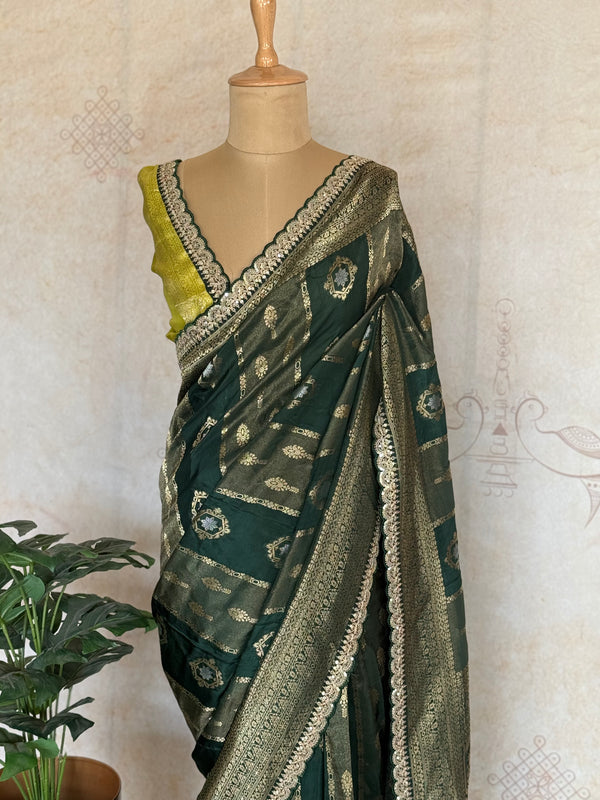 Emerald Green Banarasi Silk Saree with Antique Gold Zari & Contrast Blouse
